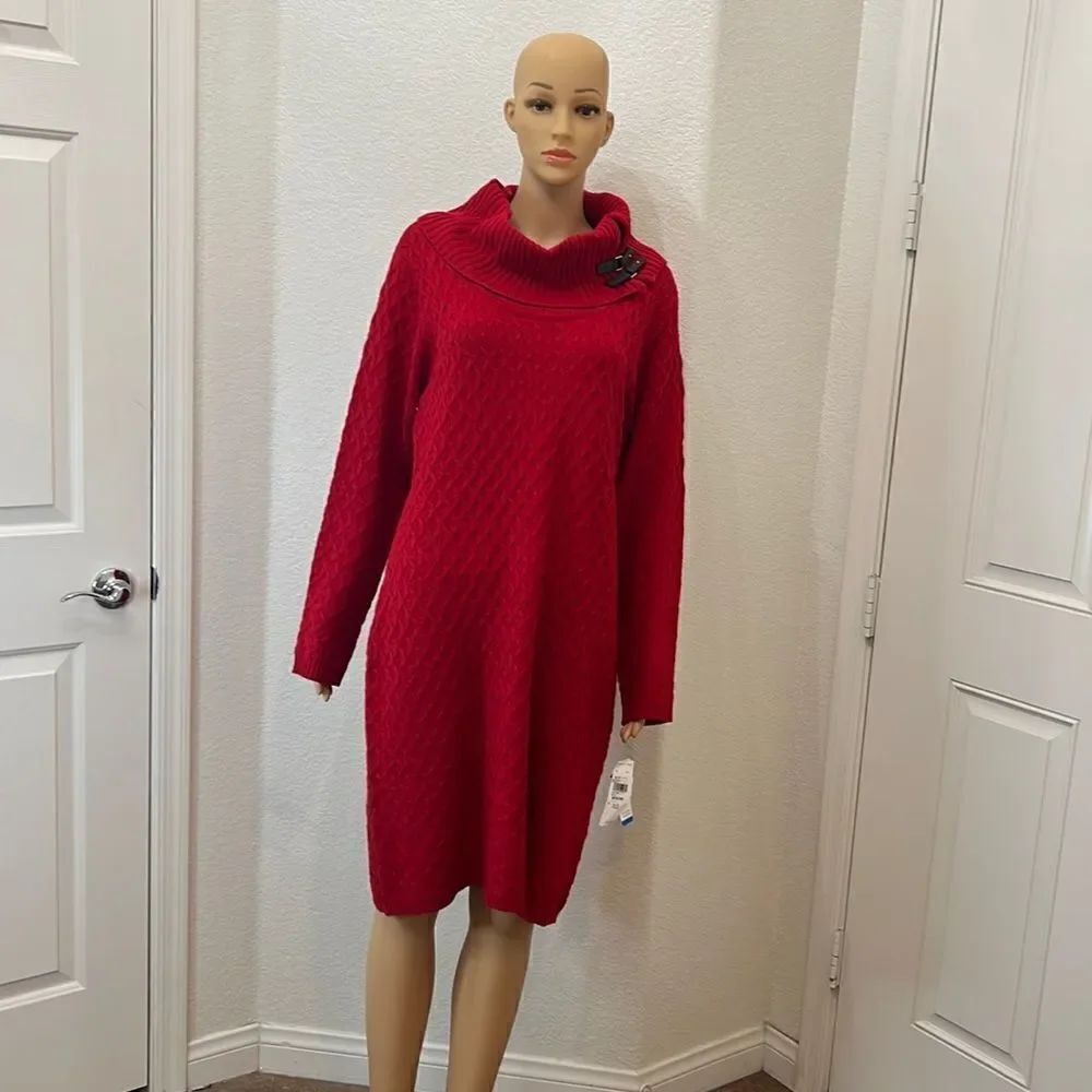 Sandra Darren Sweater Dress Size XLG Red Brown Leather Gold Hardware
